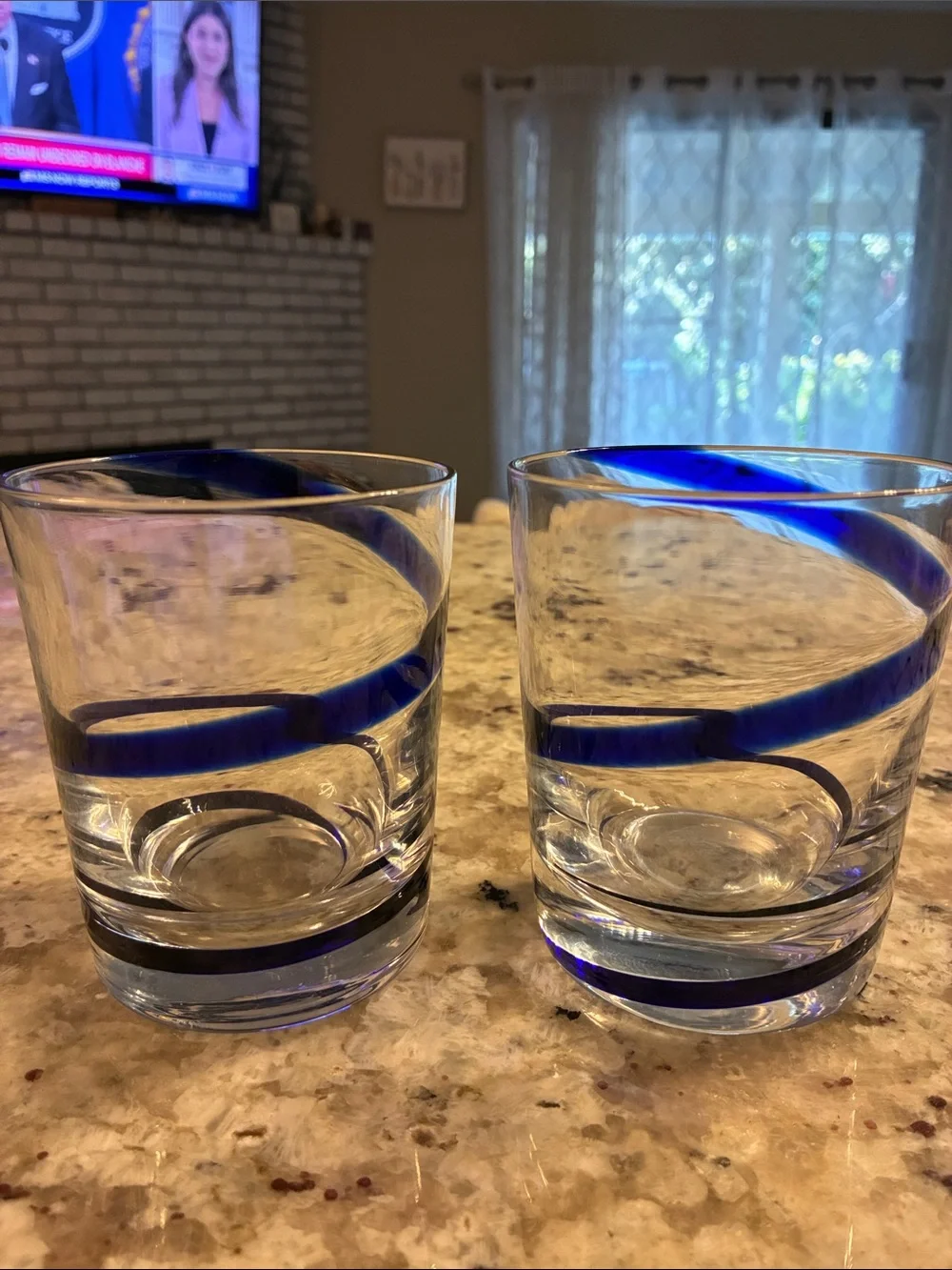 Pier 1 Clear Handblown double old fashion glasses Cobalt Blue Band - Set of 2